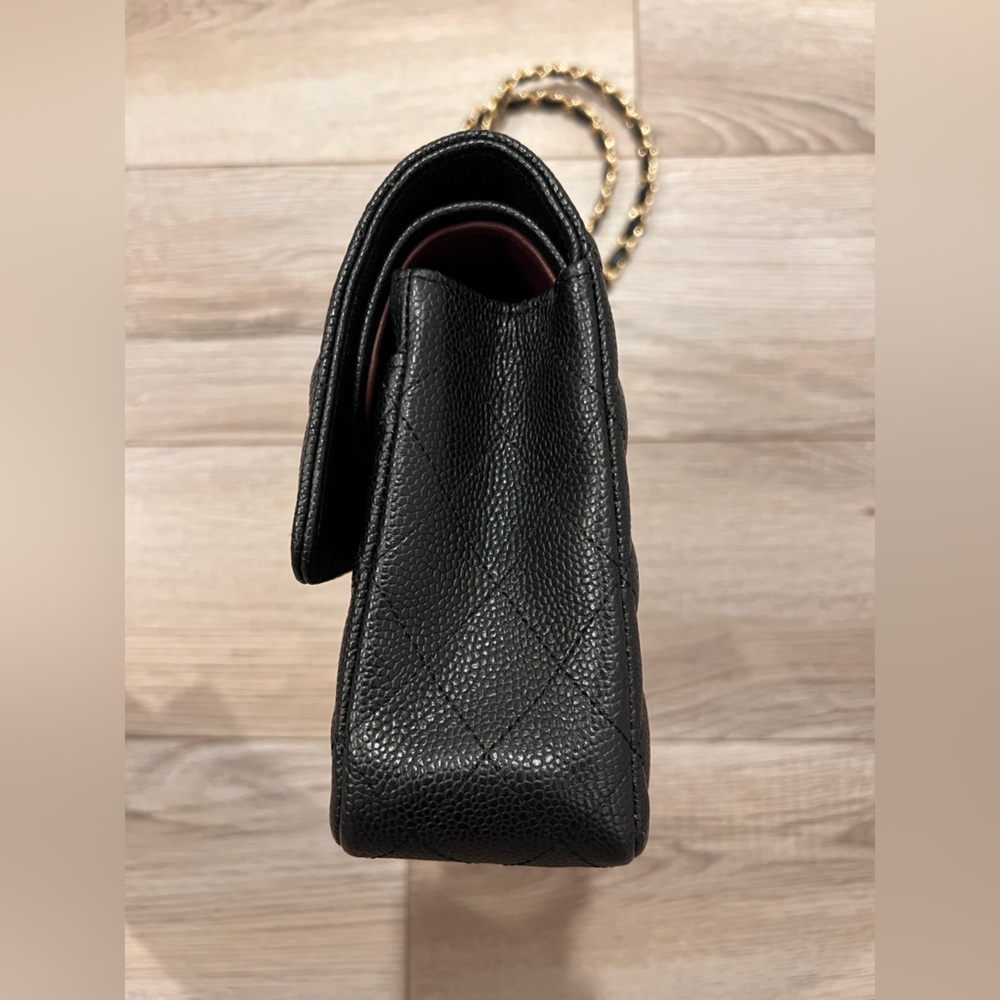 Black Caviar Leather Quilted Classic Flap Medium Shoulder Bag with Gold Accents - Picture 10 of 14